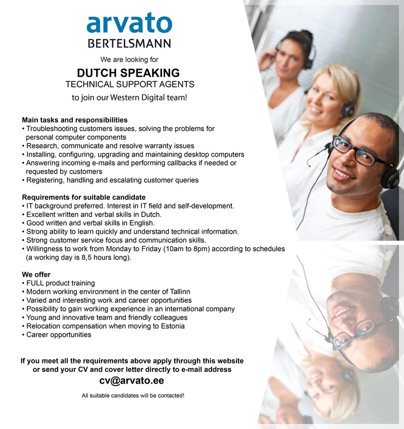 Arvato Services Estonia OÜ Dutch speaking Technical Customer Support Agent 