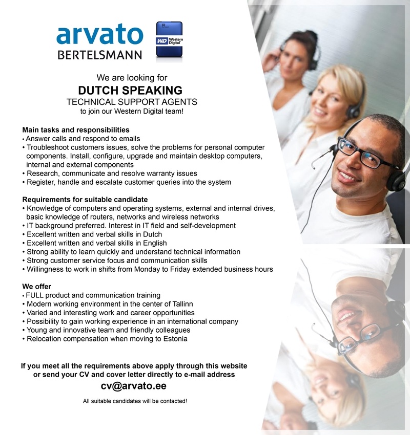 Arvato Services Estonia OÜ Dutch speaking Technical Customer Support Agent 