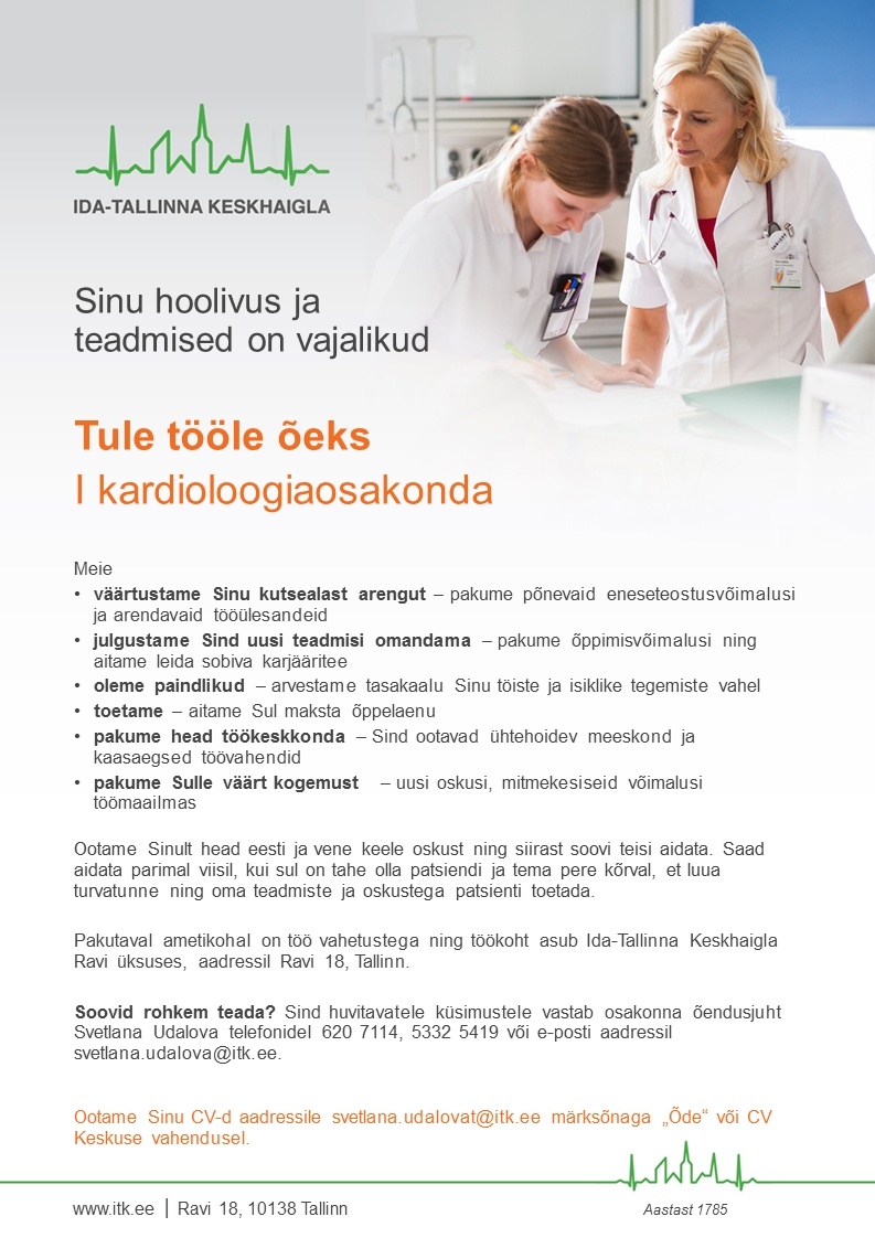 Ida-Tallinna Keskhaigla AS Õde I kardioloogiaosakonnas