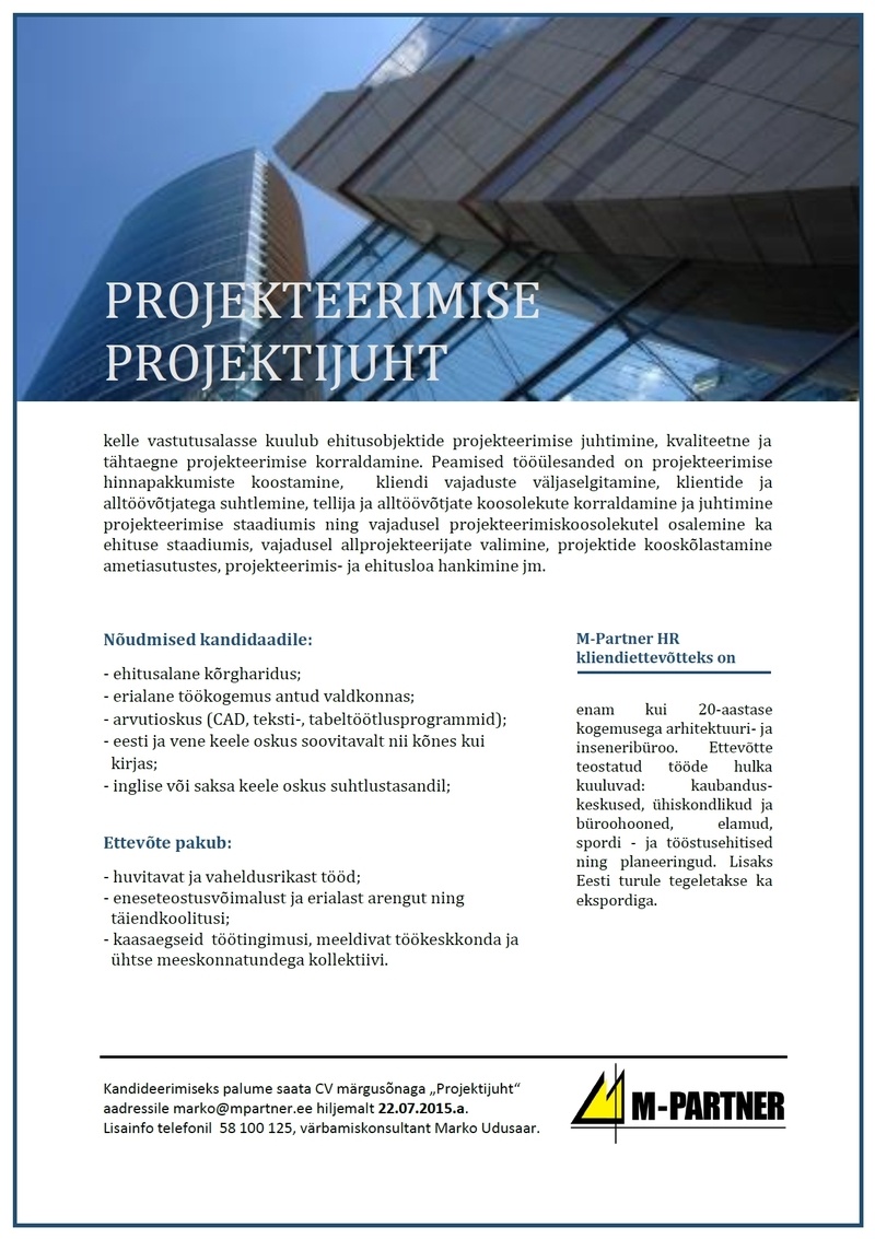 M-Partner HR OÜ Projekteerimise projektijuht