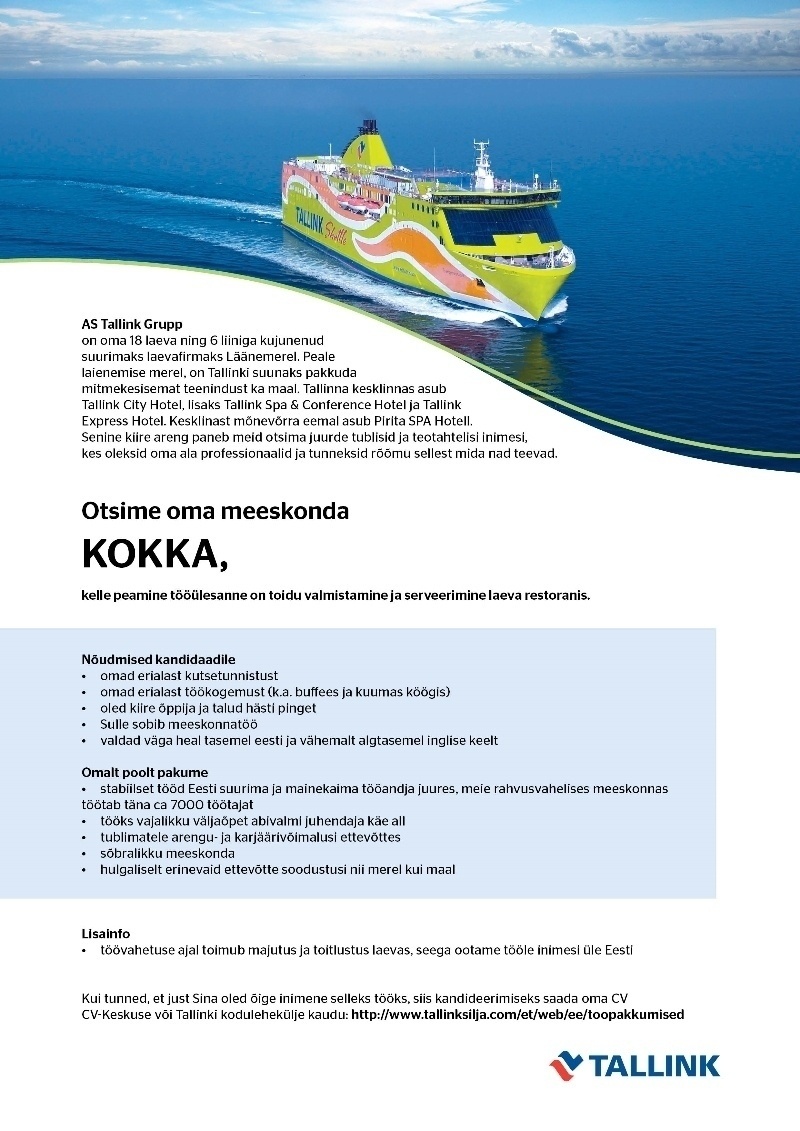 Tallink Grupp AS Kokk (Tallinki laeval)