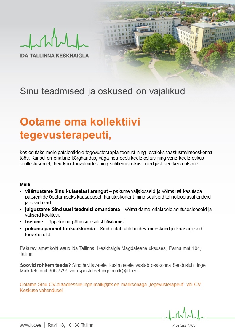 Ida-Tallinna Keskhaigla AS Tegevusterapeut taastusravikliinikus