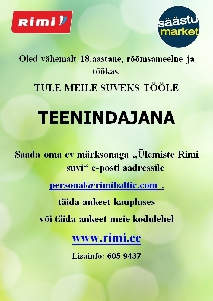 Rimi Eesti Food AS Suvetöötaja (kassas) Ülemiste Rimi hüpermarket