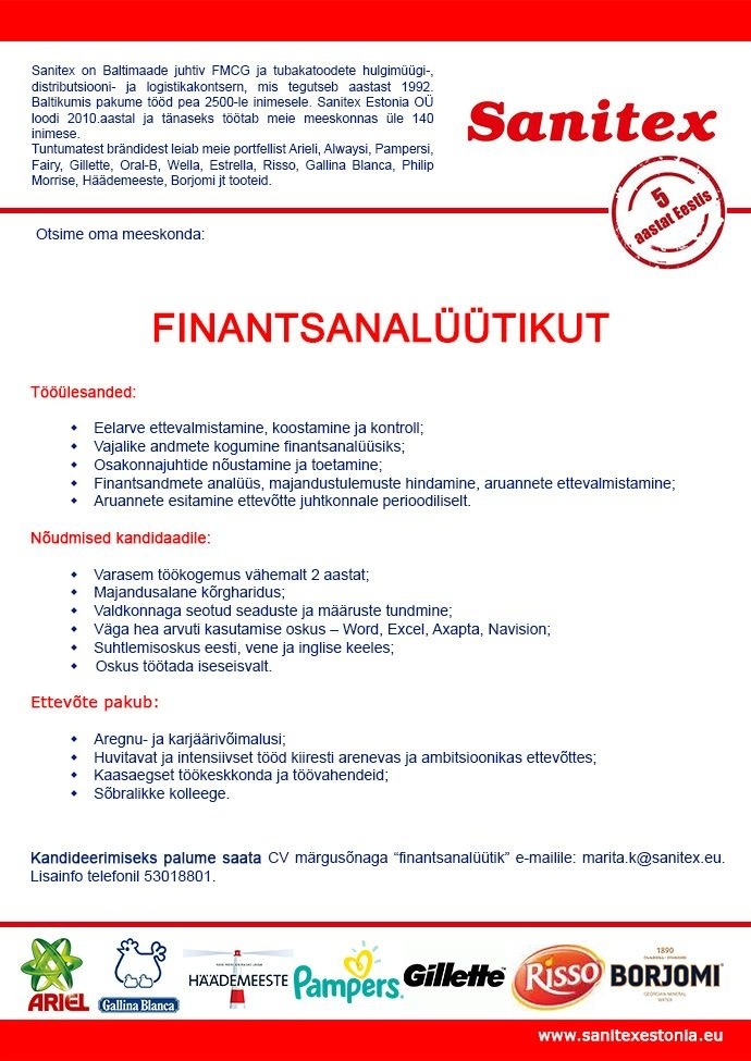 SANITEX ESTONIA OÜ Finantsanalüütik