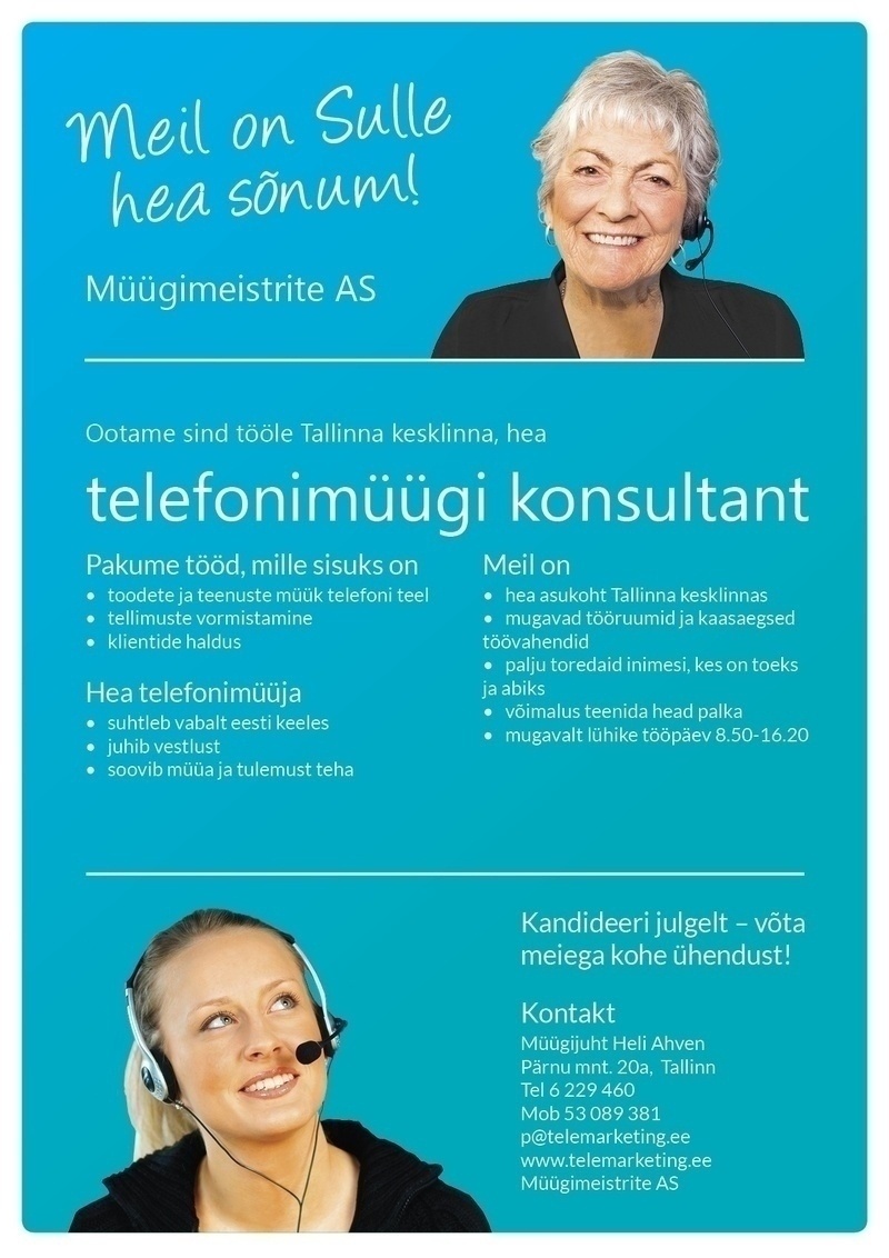 Müügimeistrite AS Telefonimüügi konsultant Tallinna Kesklinnas