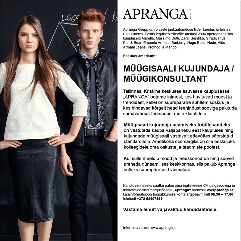 Apranga Estonia OÜ Apranga müügisaali kujundaja/müügikonsultant