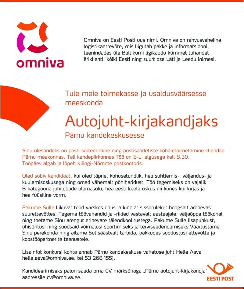 Omniva Autojuht-kirjakandja (Pärnu kandekeskus)