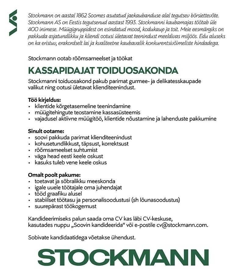 Stockmann AS Stockmanni toiduosakonna kassapidaja