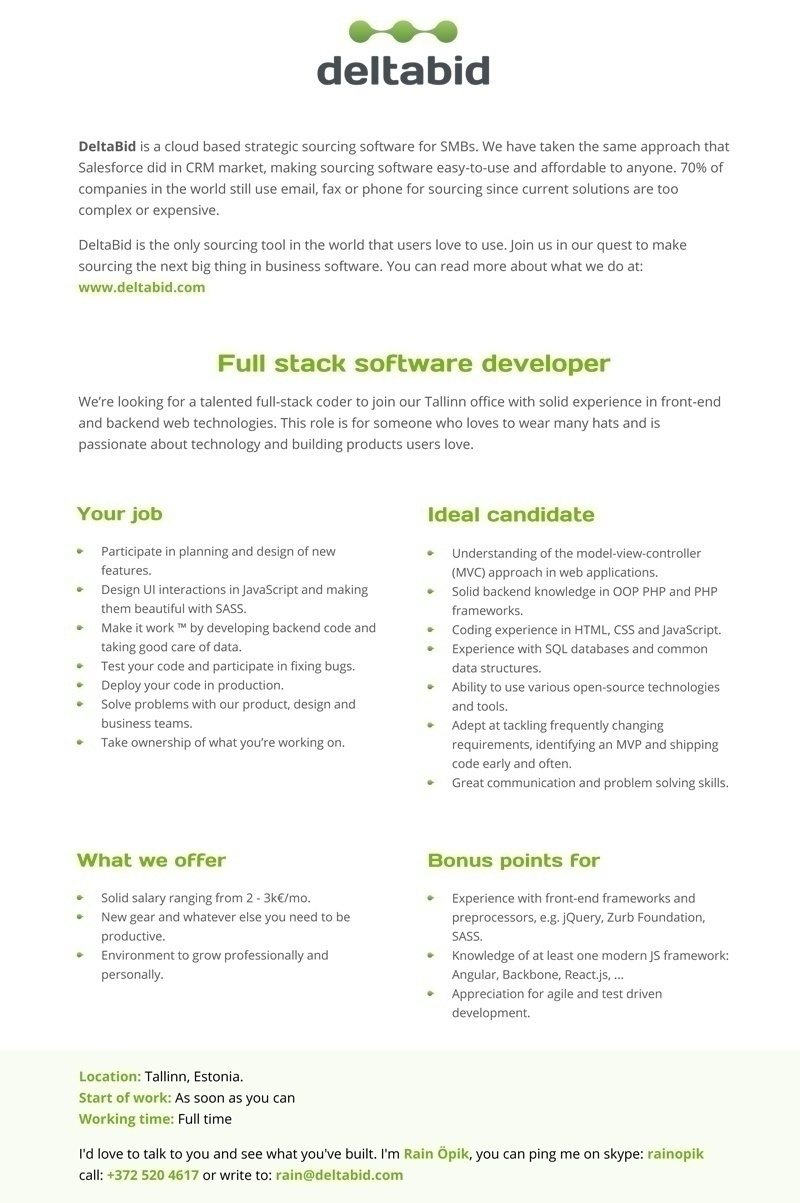DeltaBid OÜ Full Stack Software Developer
