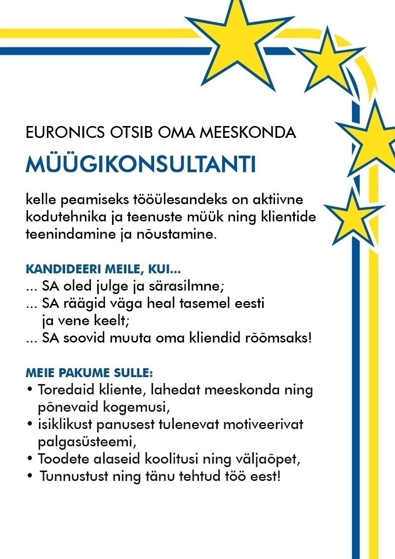 CVKeskus.ee klient MÜÜGIKONSULTANT- KLIENDITEENINDAJA Tallinna Euronics esindustesse