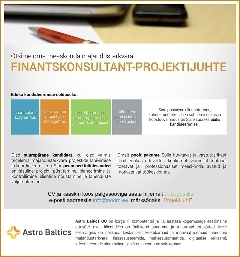 ASTRO BALTICS OÜ Finantskonsultant-projektijuht
