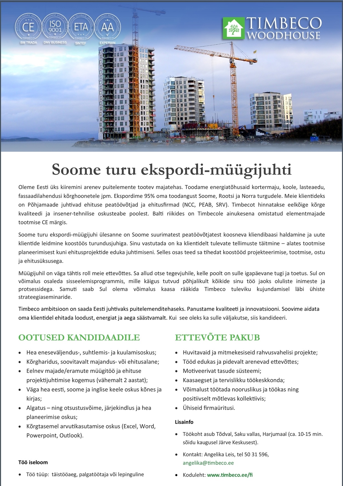 TIMBECO WOODHOUSE OÜ Soome turu ekspordi-müügijuht