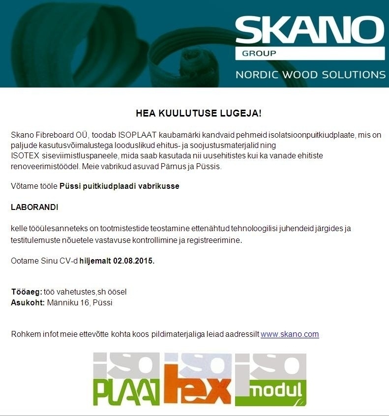 Skano Fibreboard OÜ Laborant
