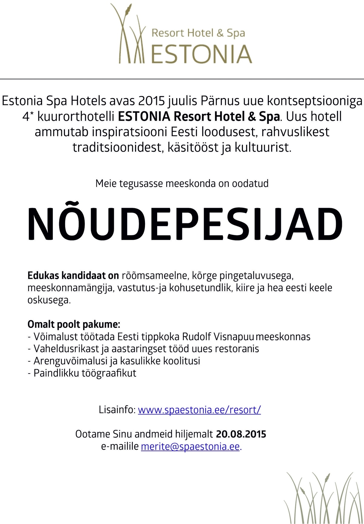 Estonia Spa Hotels AS Nõudepesija