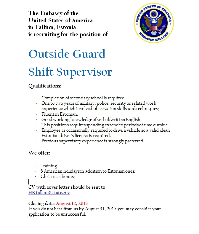 Ameerika Ühendriikide Suursaatkond Eestis Outside Guard, Shift Supervisor
