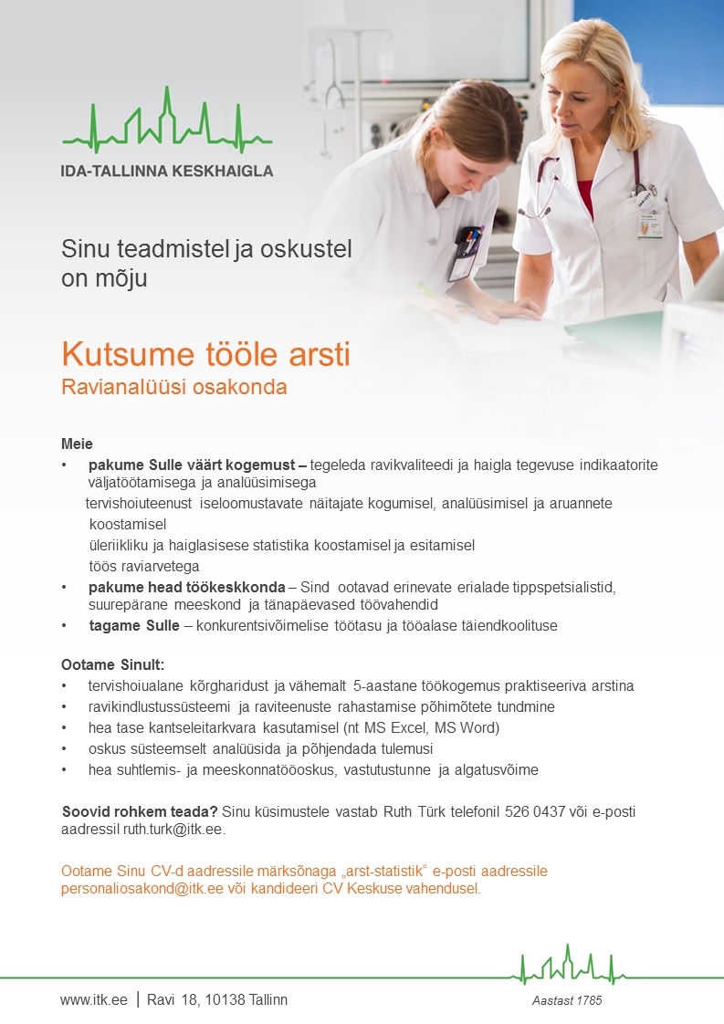 Ida-Tallinna Keskhaigla AS Arst ravianalüüsi osakonnas