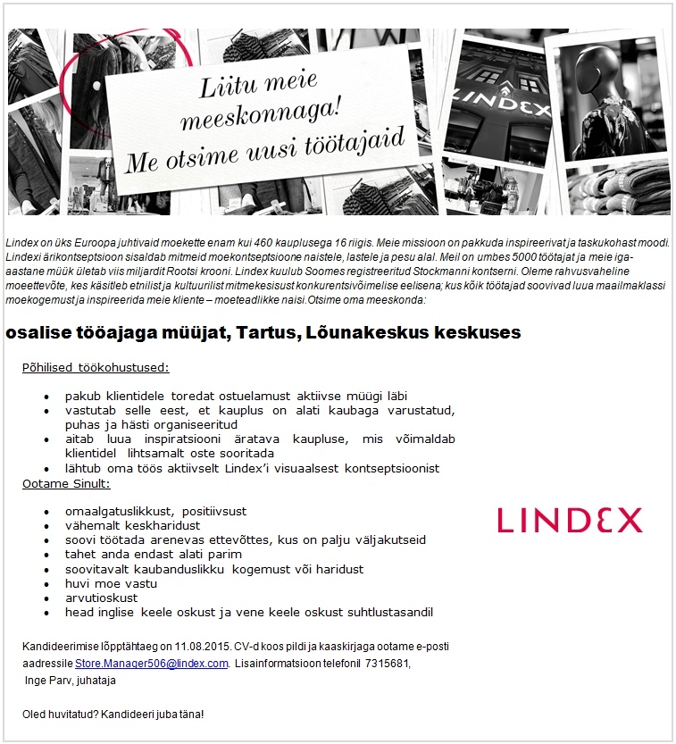 Lindex Eesti OÜ Lindex kaupluse osalise tööajaga müüja (Tartu, Lõunakeskus)