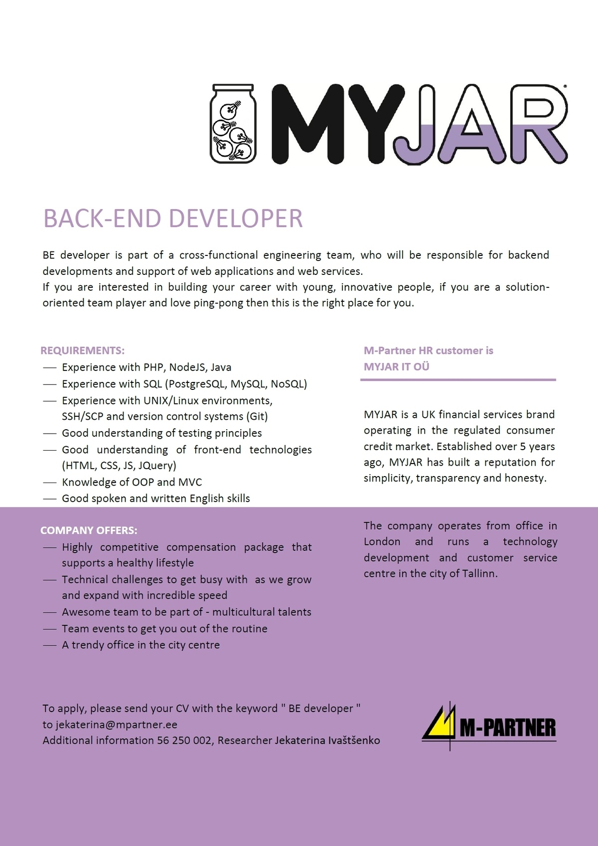 M-Partner HR OÜ Back-end developer