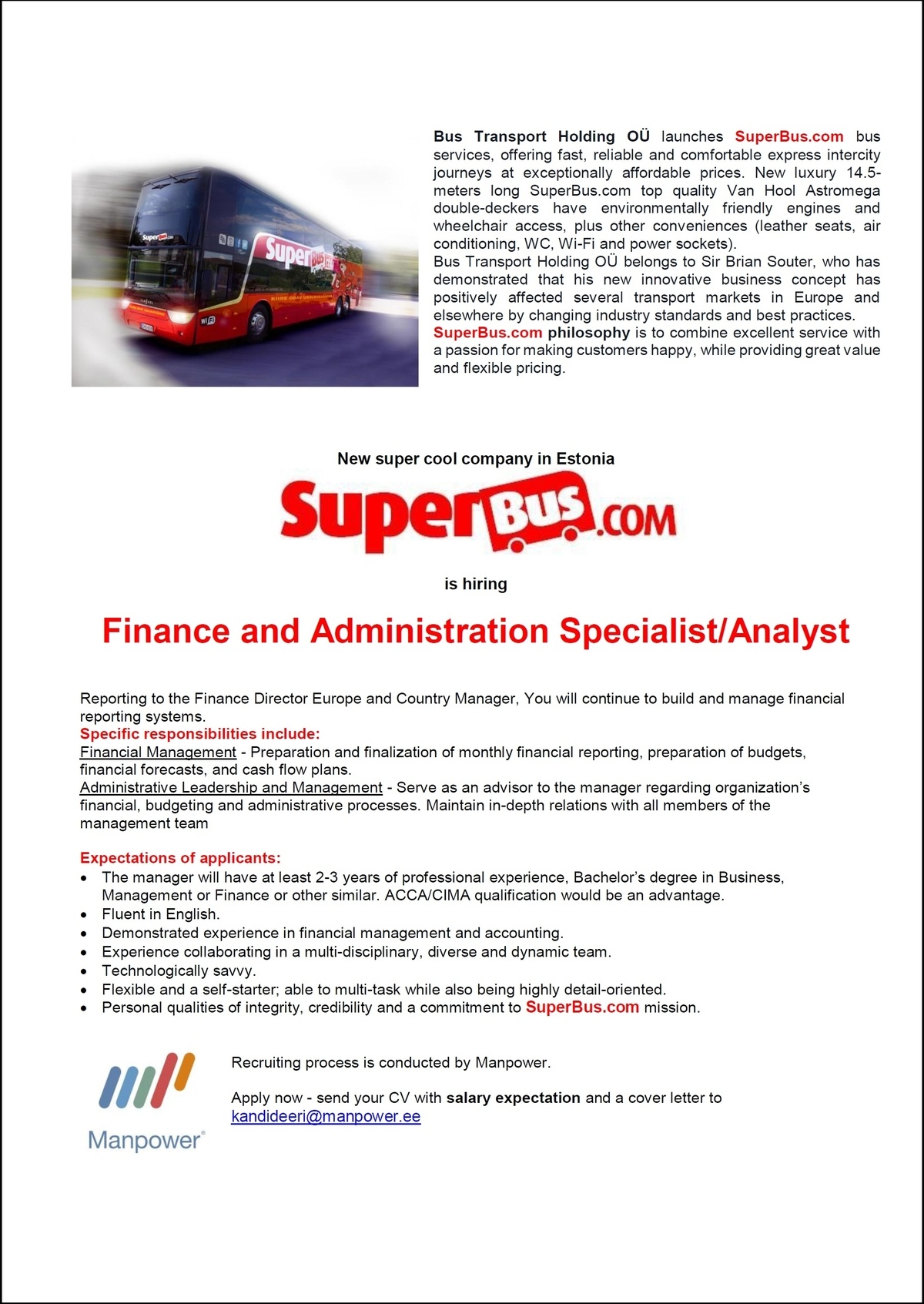 Manpower OÜ Finance and Administration Specialist/Analyst