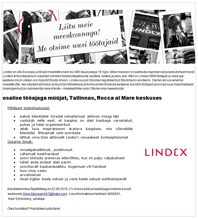 Lindex Eesti OÜ Lindex kaupluse osalise tööajaga müüja (Tallinn, Rocca al Mare)