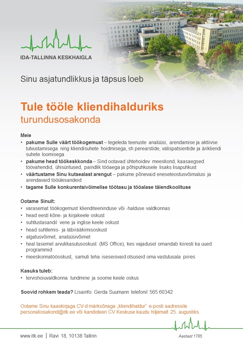 Ida-Tallinna Keskhaigla AS Kliendihaldur turundusosakonnas