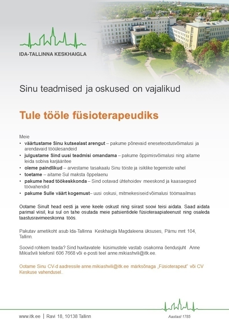 Ida-Tallinna Keskhaigla AS Füsioterapeut ambulatoorses taastusravi osakonnas