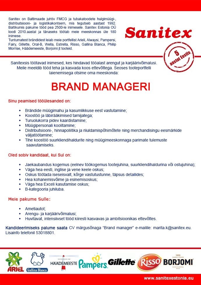 SANITEX ESTONIA OÜ Brand Manager