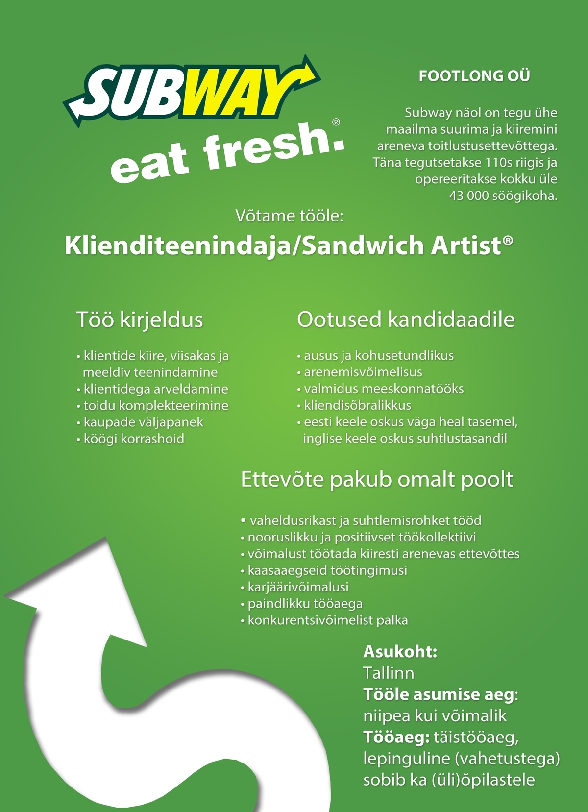 FOOTLONG OÜ Klienditeenindaja (Sandwich Artist®)
