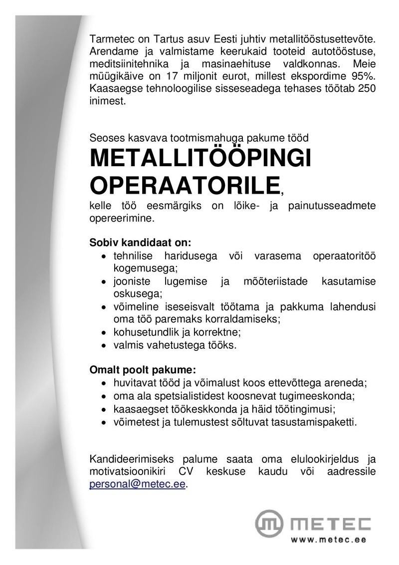 CVKeskus.ee klient Metallitööpingi operaator