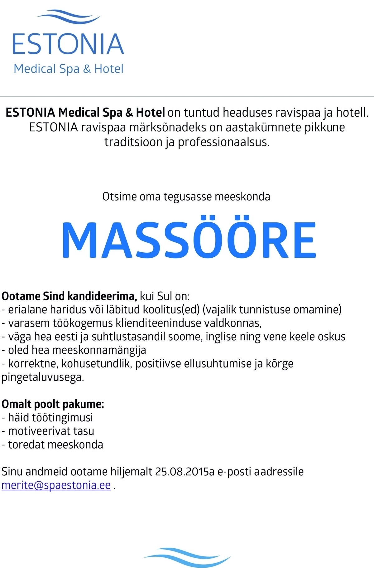 Estonia Spa Hotels AS Massöör