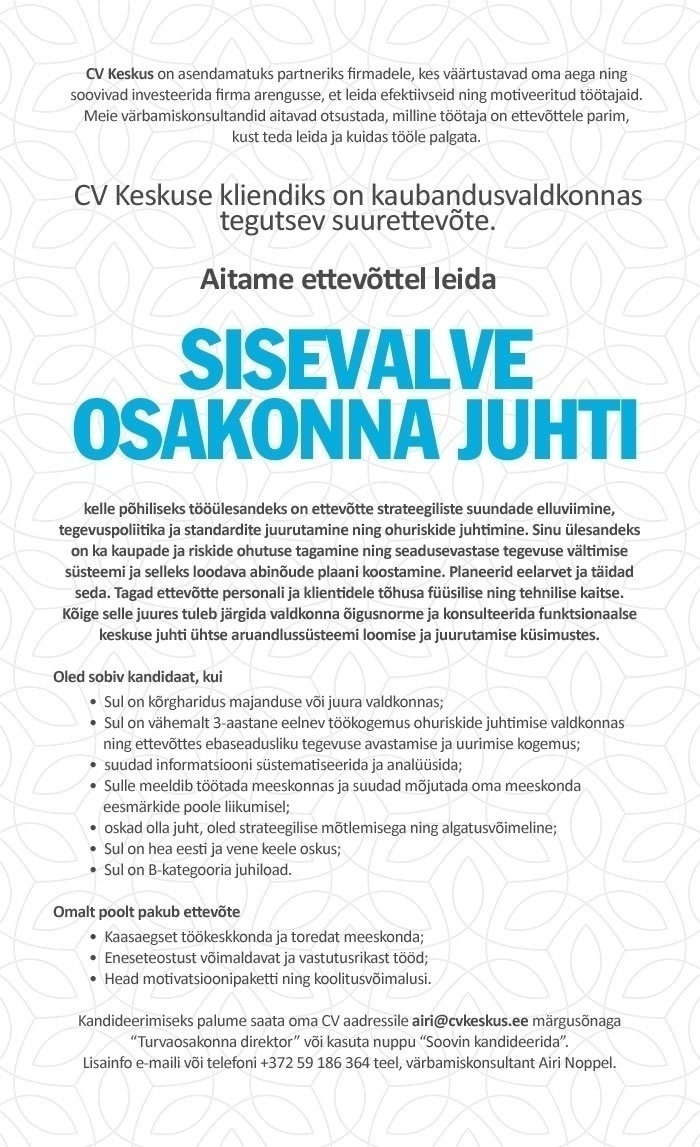 CV KESKUS OÜ Sisevalve osakonna juht