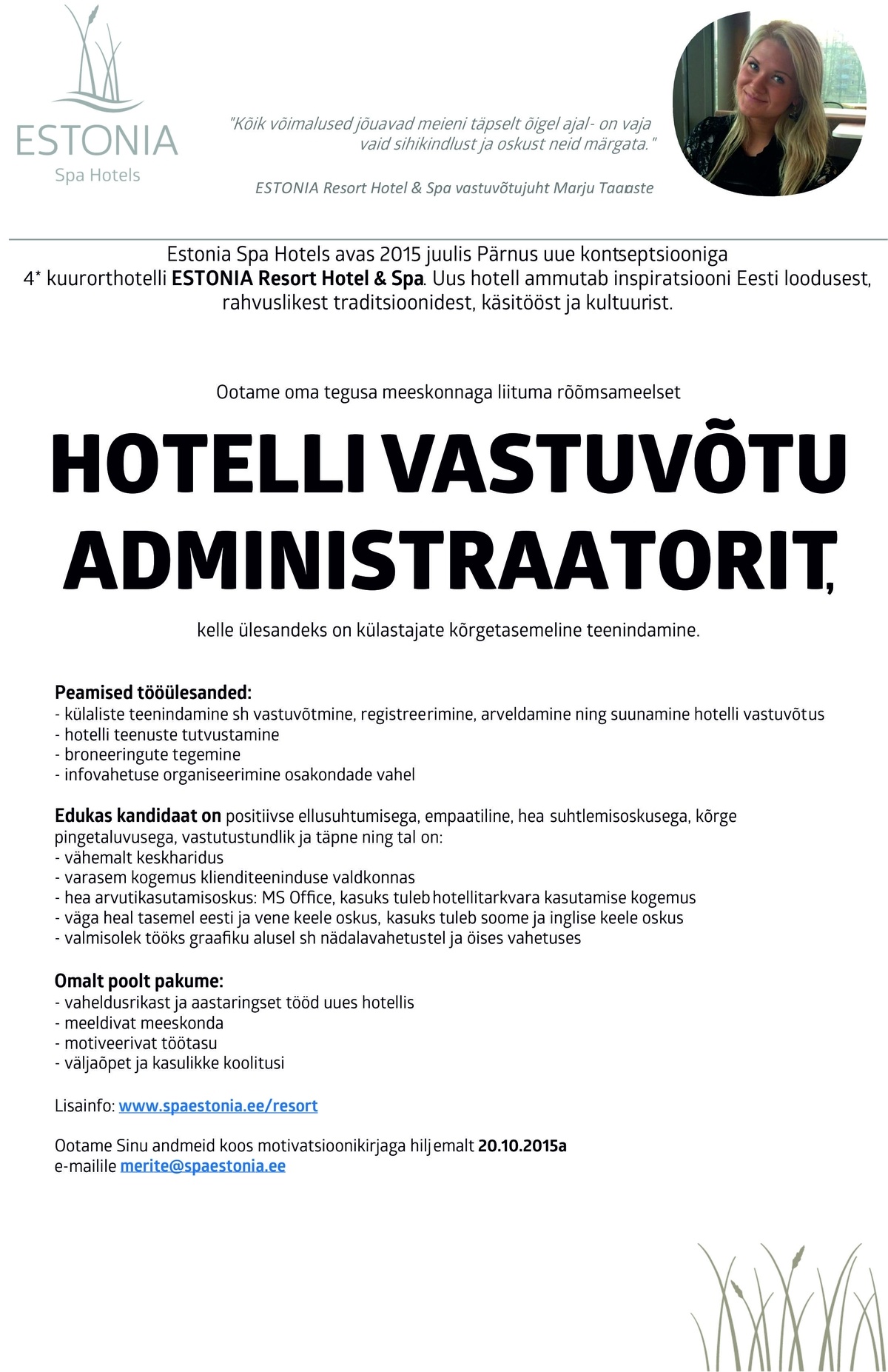 Estonia Spa Hotels AS Hotelli vastuvõtu administraator