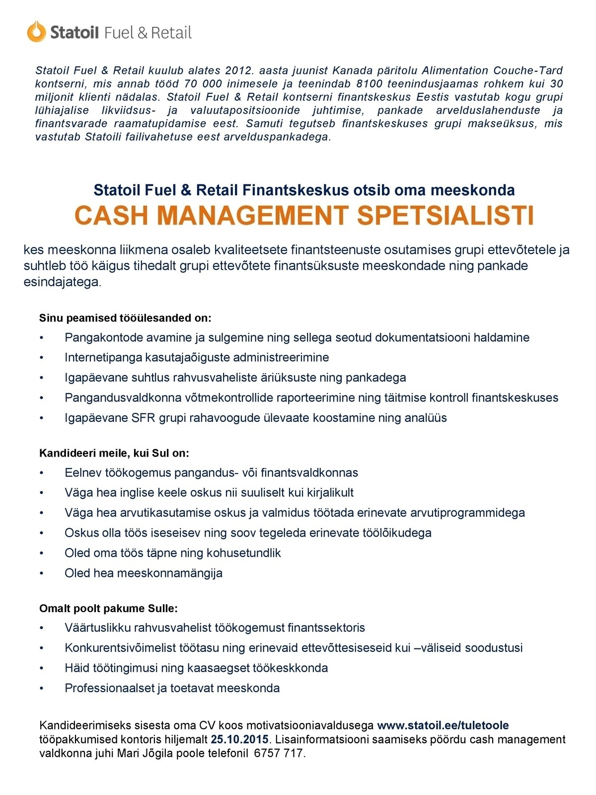Statoil Fuel & Retail AS Cash management spetsialist