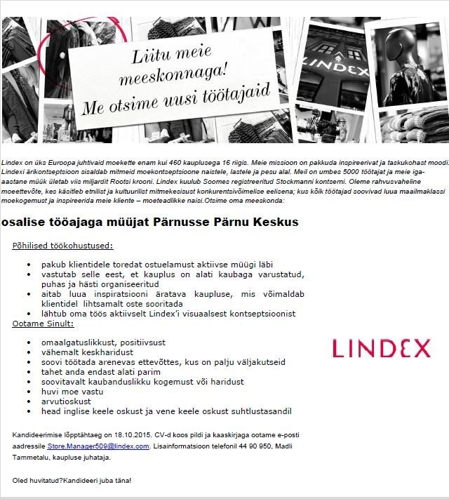 Lindex Eesti OÜ Lindex kaupluse osalise tööajaga müüja (Pärnu, Pärnu Keskus)
