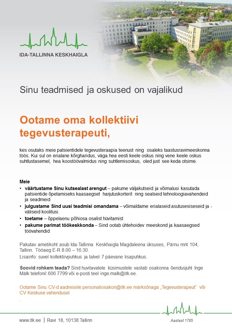 Ida-Tallinna Keskhaigla AS Tegevusterapeut taastusraviosakonnas
