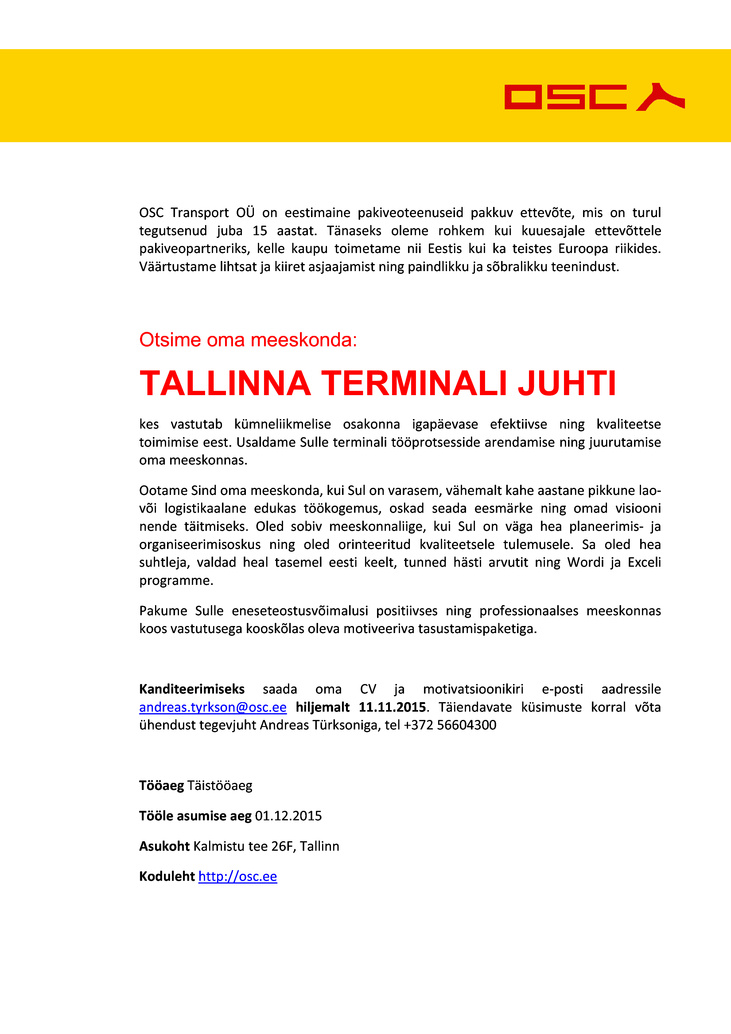 OSC TRANSPORT OÜ Tallinna terminali juht