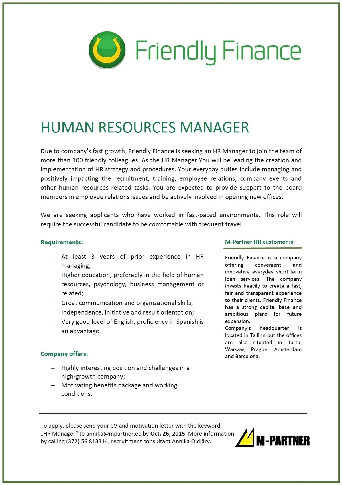 M-Partner HR OÜ Human Resources Manager