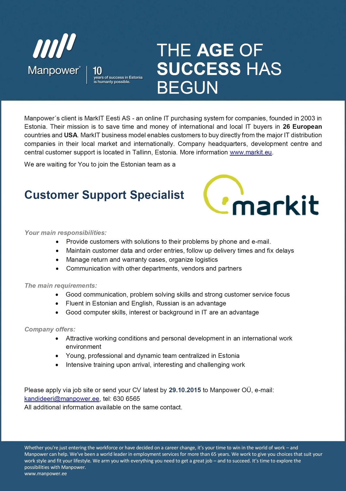 Manpower OÜ Customer Support Specialist