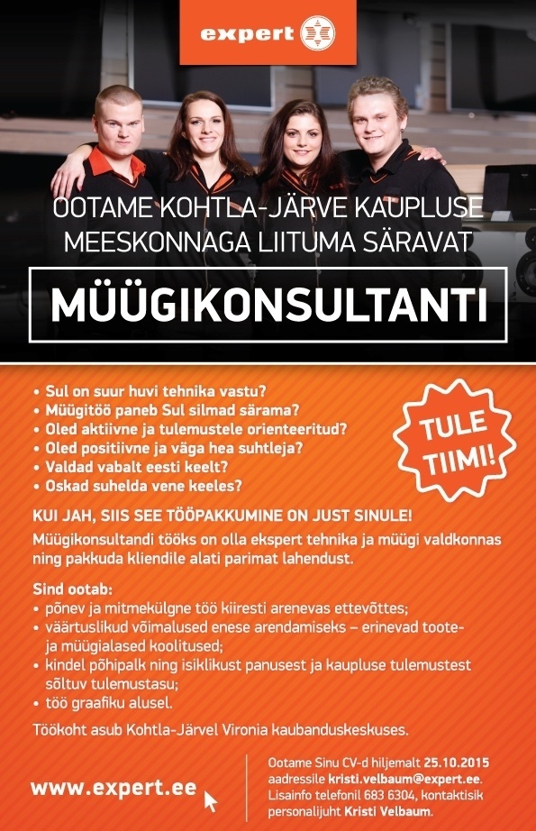 Expert Eesti OÜ Müügikonsultant (Kohtla-Järve Vironia kaubanduskeskuses)