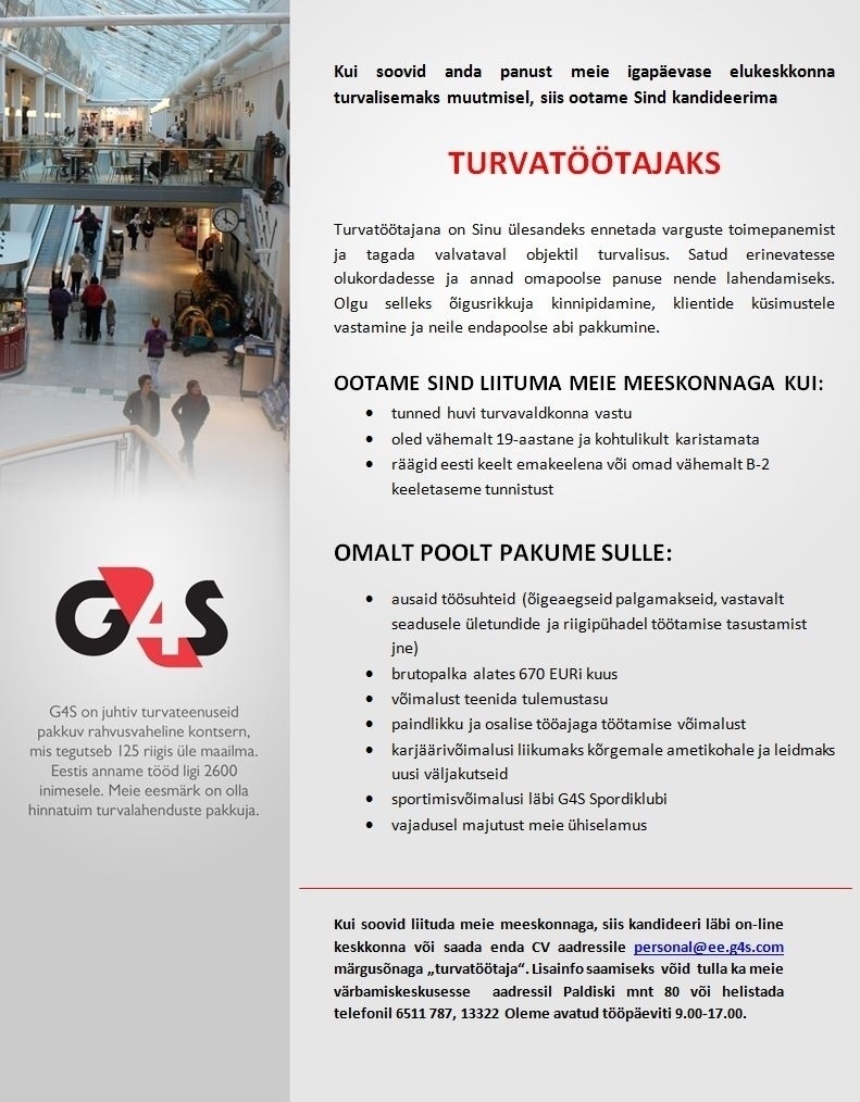 AS G4S Eesti TURVATÖÖTAJA, PALK ALATES 670 EUROT KUUS
