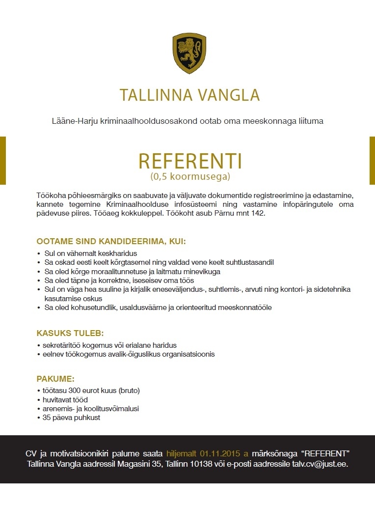Tallinna Vangla Referent (0,5 koormus)