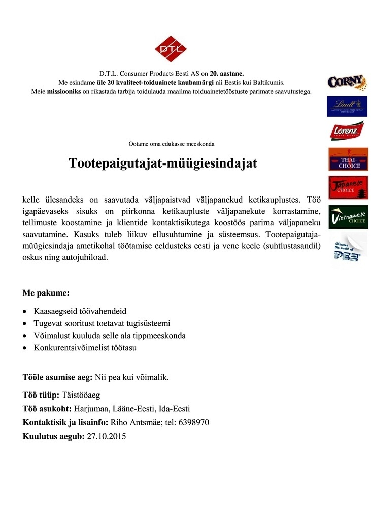 D.T.L. Consumer Products Eesti AS Tootepaigutaja / Müügiesindaja