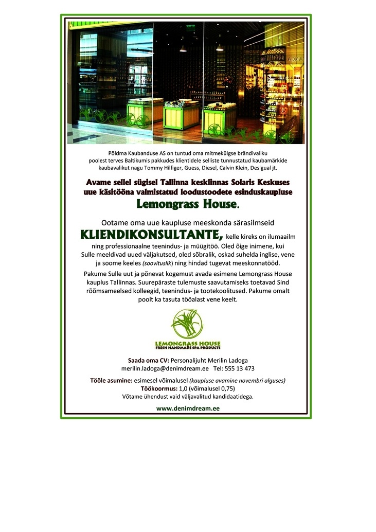 Põldma Kaubanduse AS Solaris Keskuse Lemongrass House`i kliendikonsultant