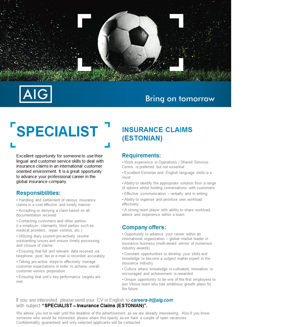 HR factory OÜ INSURANCE CLAIMS SPECIALIST - ESTONIAN