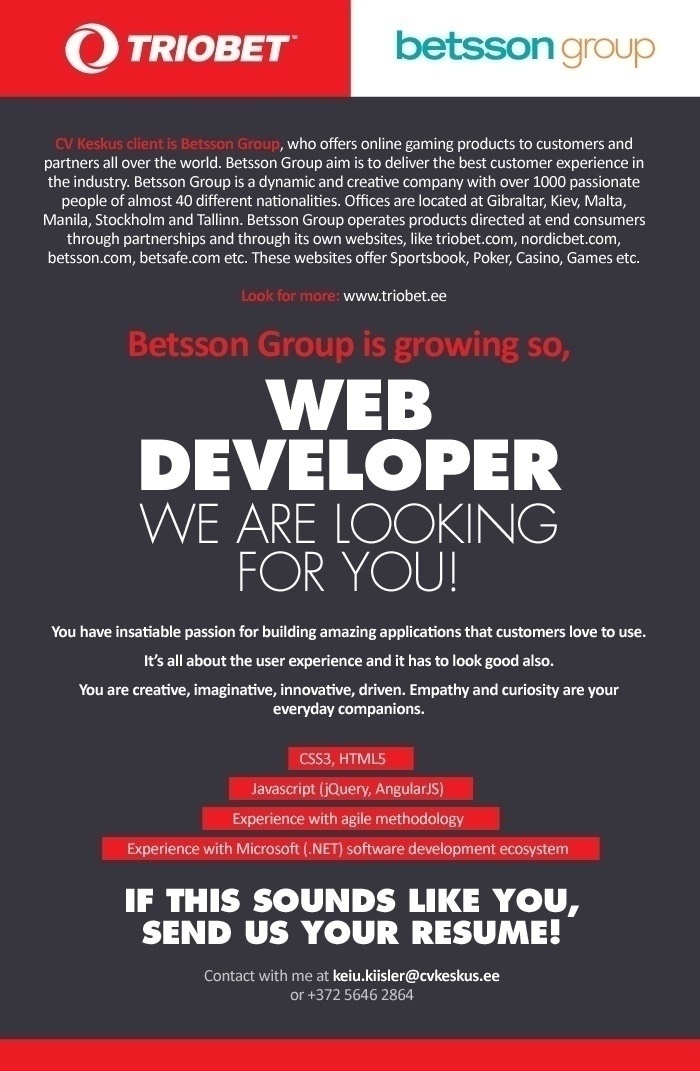CV KESKUS OÜ Betsson Group is looking for Web Developer!