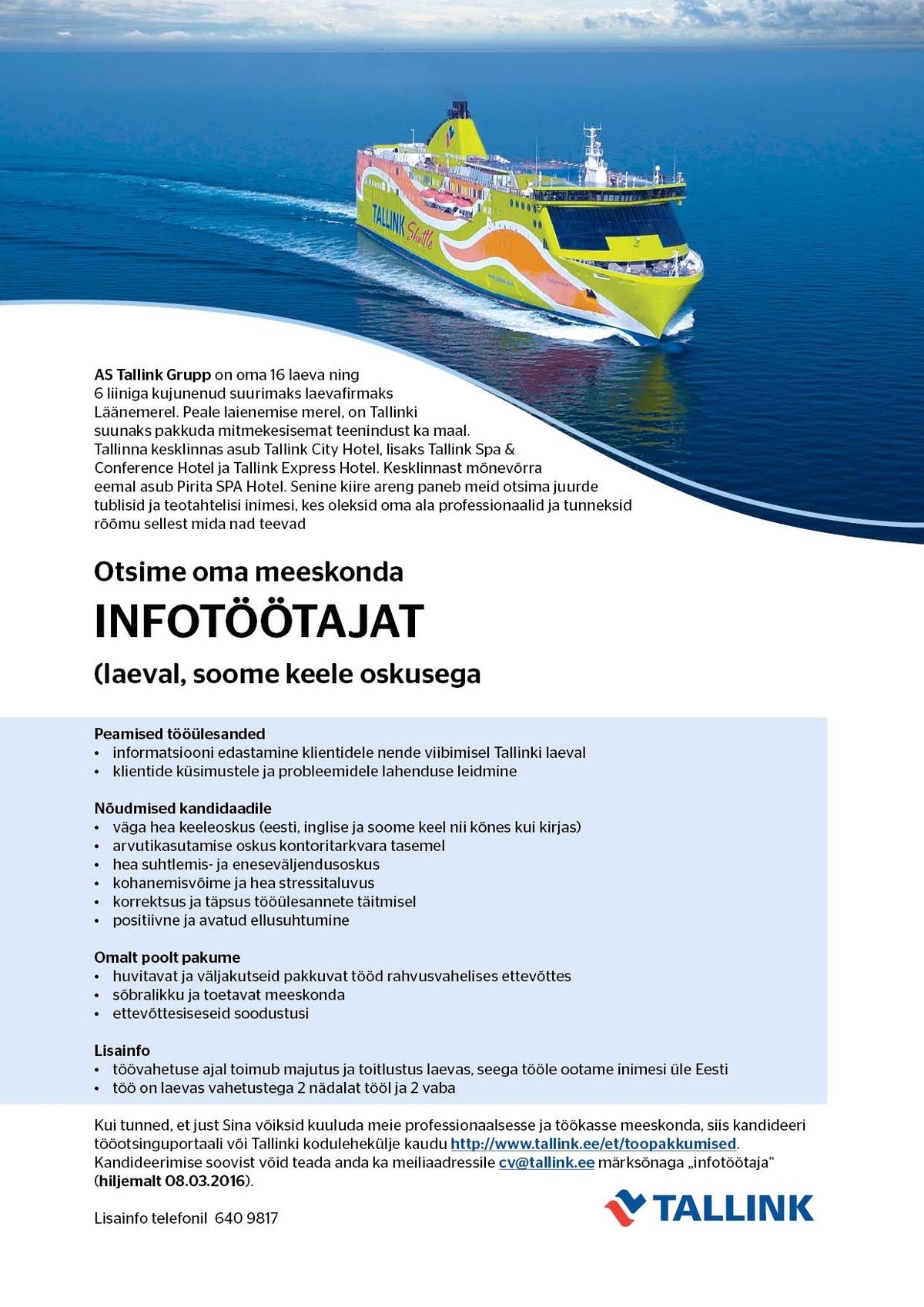 Tallink Grupp AS Infotöötajat (Tallinki laeval)
