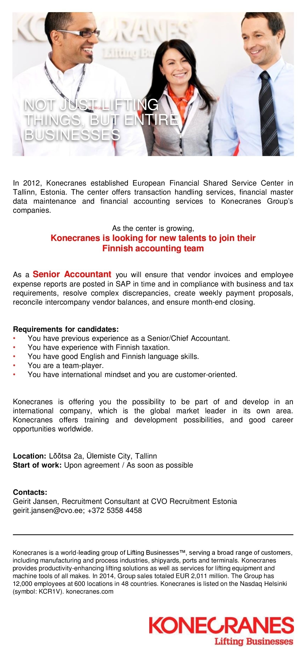 Konecranes Financial Shared Service Center Senior Accountant (Finnish-speaking)