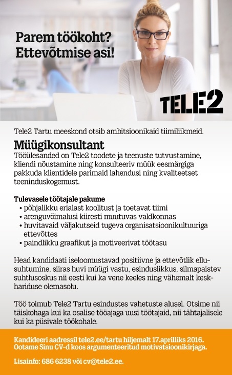 Tele2 Eesti AS Müügikonsultant Tartus