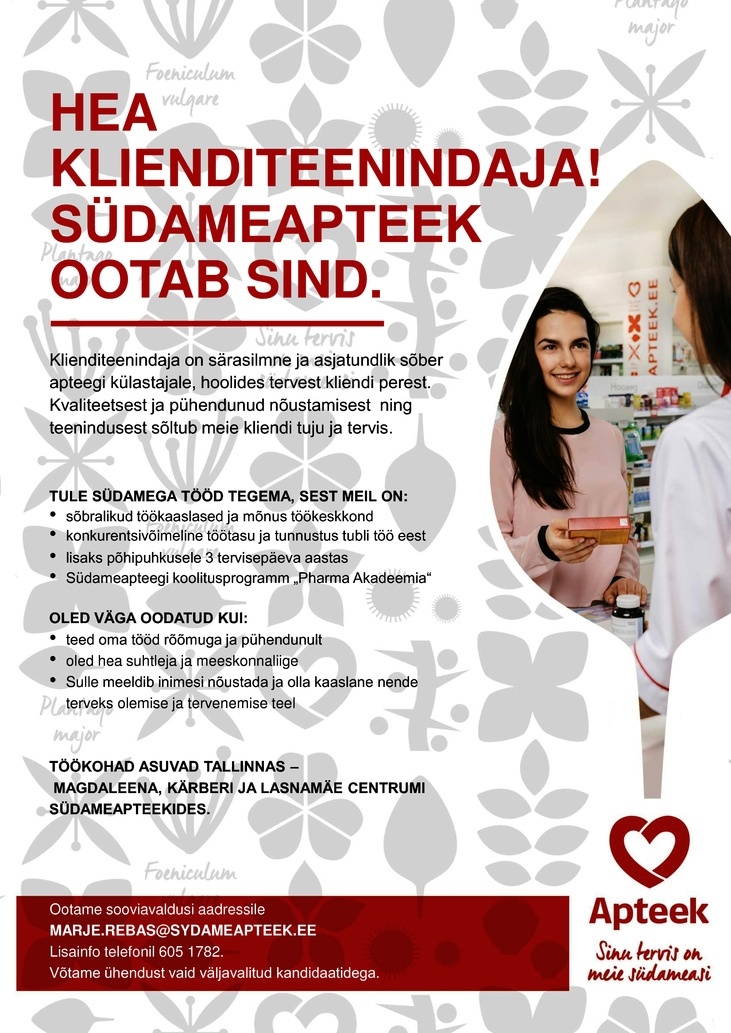 Pharma Holding OÜ Klienditeenindaja Magdaleena, Kärberi ja Lasnamäe Centrumi Südameapteegis