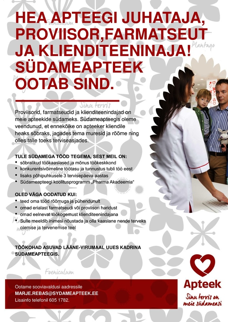 Pharma Holding OÜ Apteegi juhataja, proviisor, farmatseut ja klienditeenidaja uues Kadrina Südameapteegis